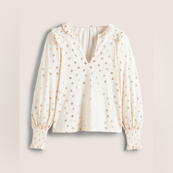 Boden Long Sleeve Smocked Balloon Sleeve Frilled Ruffle Gold Foil Peasant Top S - Picture 9 of 9